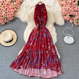 Printed Halter off-the-Shoulder Dress Sleeveless Summer French Elegance Large Swing Dress