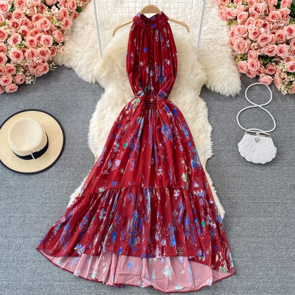 Printed Halter off-the-Shoulder Dress Sleeveless Summer French Elegance Large Swing Dress - Image 2