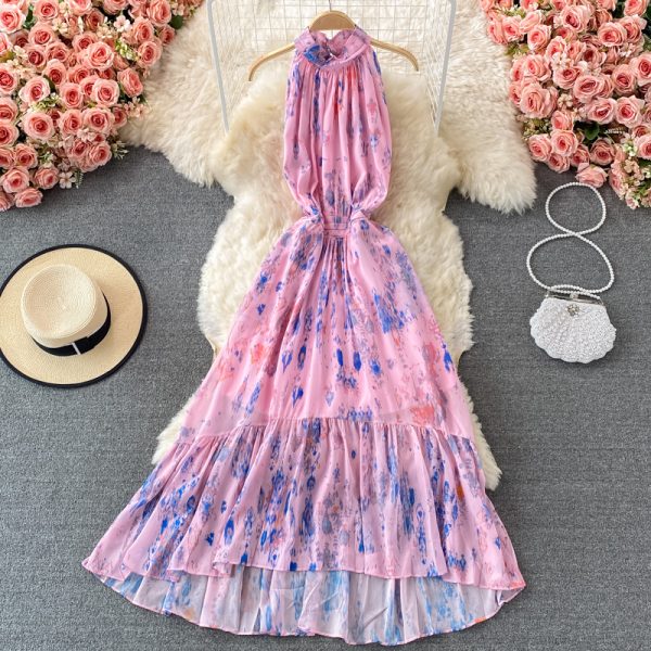 Printed Halter off-the-Shoulder Dress Sleeveless Summer French Elegance Large Swing Dress - Image 3