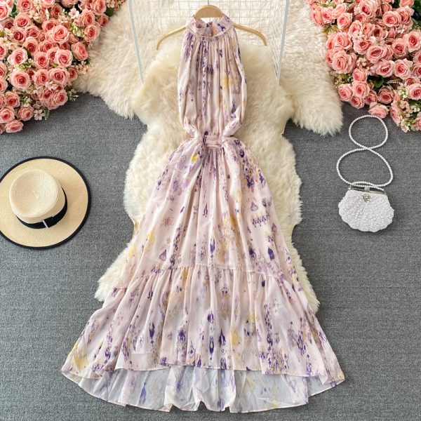 Printed Halter off-the-Shoulder Dress Sleeveless Summer French Elegance Large Swing Dress - Image 4