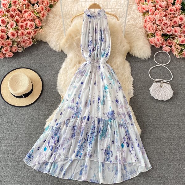 Printed Halter off-the-Shoulder Dress Sleeveless Summer French Elegance Large Swing Dress - Image 5