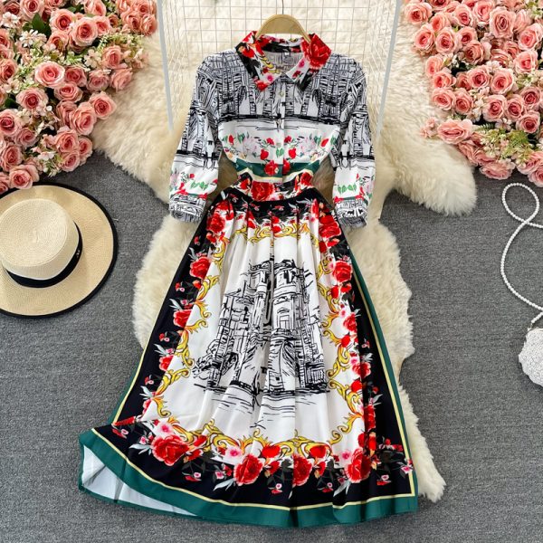 Light cooked style long skirt spring and autumn product lapel long sleeve printing waist thin temperament dress pleated dress
