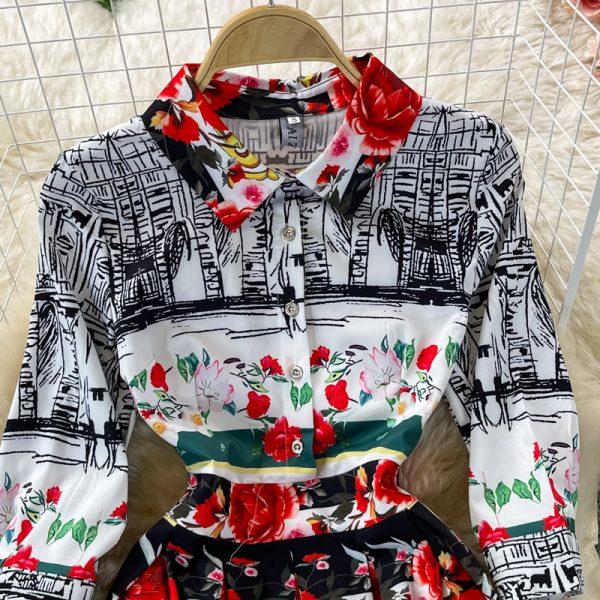 Light cooked style long skirt spring and autumn product lapel long sleeve printing waist thin temperament dress pleated dress - Image 3