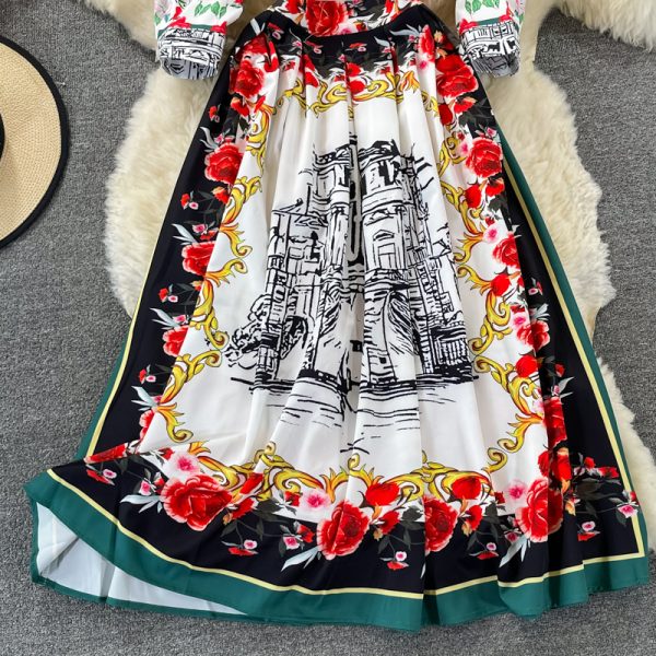 Light cooked style long skirt spring and autumn product lapel long sleeve printing waist thin temperament dress pleated dress - Image 4