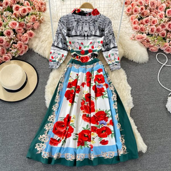 Light cooked style long skirt spring and autumn product lapel long sleeve printing waist thin temperament dress pleated dress - Image 5