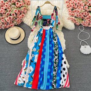Slim-Fit Printed Large Swing Dresssummer New Ladies Color Matching Waist-Tight Slim Backless Suspender Dress