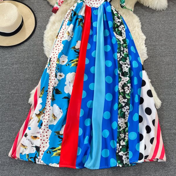 Slim-Fit Printed Large Swing Dresssummer New Ladies Color Matching Waist-Tight Slim Backless Suspender Dress - Image 4