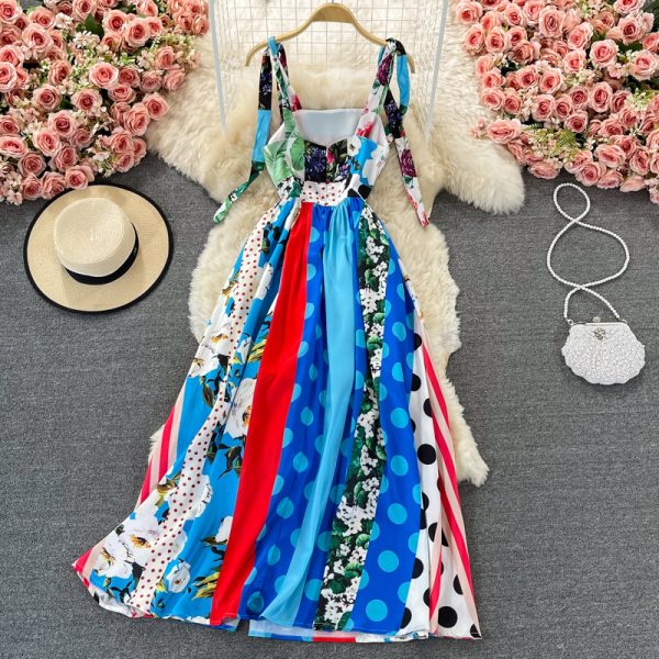 Slim-Fit Printed Large Swing Dresssummer New Ladies Color Matching Waist-Tight Slim Backless Suspender Dress - Image 5