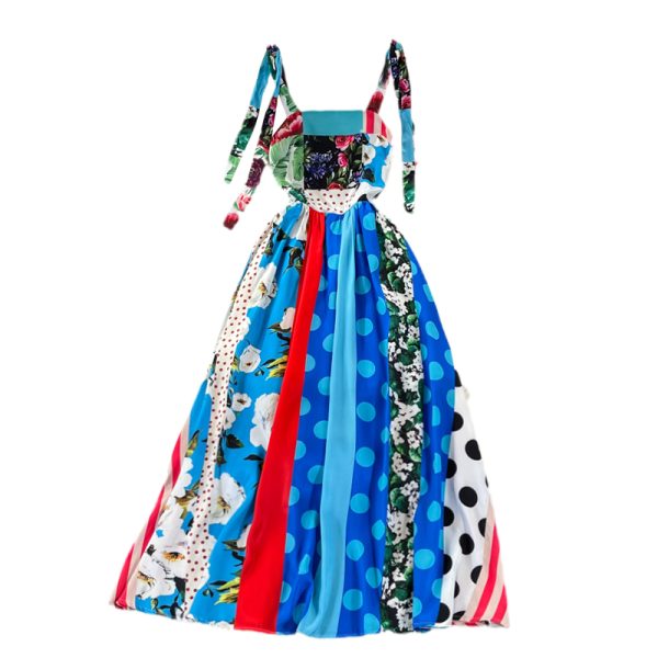 Slim-Fit Printed Large Swing Dresssummer New Ladies Color Matching Waist-Tight Slim Backless Suspender Dress - Image 6