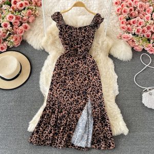 Leopard Print Dress Sleeveless Summer New Square Collar Backless Waist Trimming Slimming Slit French Halter Skirt