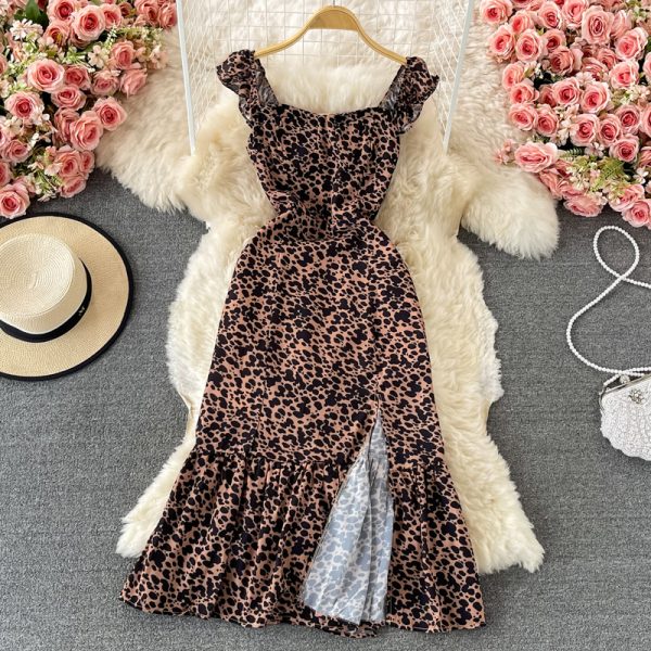Leopard Print Dress Sleeveless Summer New Square Collar Backless Waist Trimming Slimming Slit French Halter Skirt
