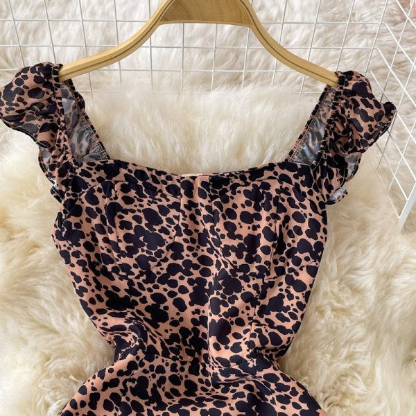 Leopard Print Dress Sleeveless Summer New Square Collar Backless Waist Trimming Slimming Slit French Halter Skirt - Image 3