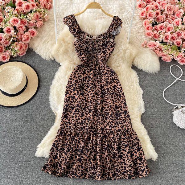 Leopard Print Dress Sleeveless Summer New Square Collar Backless Waist Trimming Slimming Slit French Halter Skirt - Image 5
