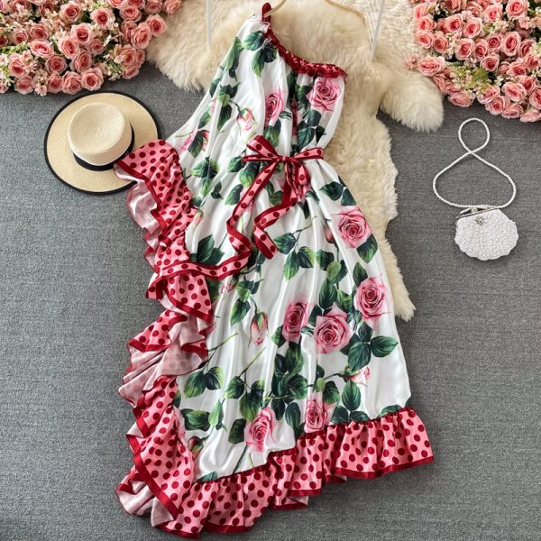 Personalized Ruffled Sloping Shoulder Backless Dress Loose Slim Fit Slimming Bohemian Seaside Holiday Large Swing Dress - Image 2