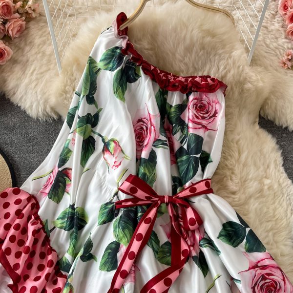 Personalized Ruffled Sloping Shoulder Backless Dress Loose Slim Fit Slimming Bohemian Seaside Holiday Large Swing Dress - Image 3