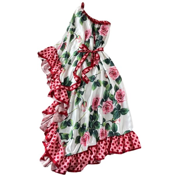 Personalized Ruffled Sloping Shoulder Backless Dress Loose Slim Fit Slimming Bohemian Seaside Holiday Large Swing Dress - Image 6