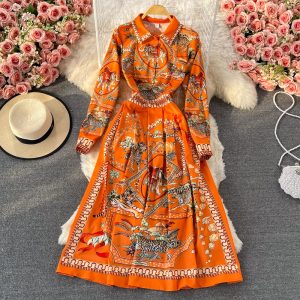 French Royal Style Printed Waist-Controlled Lapel Dress Spring and Autumn New Elegant Swing Long Dress Dress