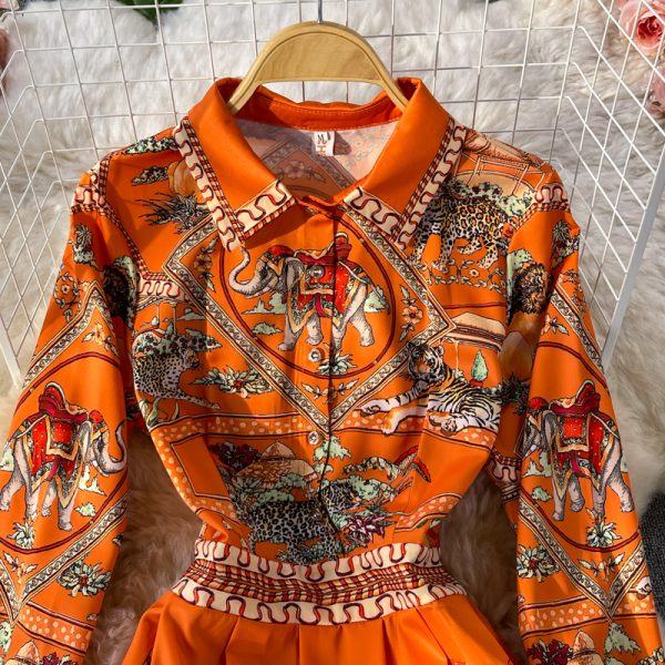 French Royal Style Printed Waist-Controlled Lapel Dress Spring and Autumn New Elegant Swing Long Dress Dress - Image 3