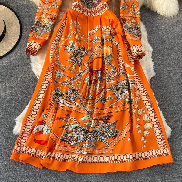 French Royal Style Printed Waist-Controlled Lapel Dress Spring and Autumn New Elegant Swing Long Dress Dress - Image 4