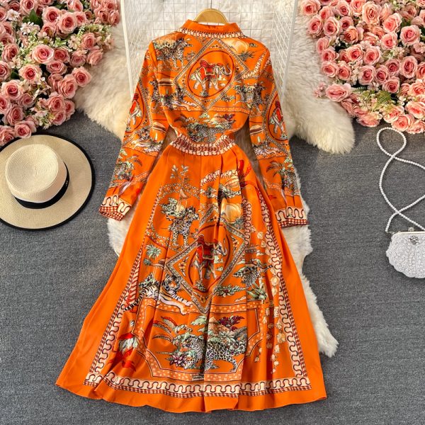 French Royal Style Printed Waist-Controlled Lapel Dress Spring and Autumn New Elegant Swing Long Dress Dress - Image 5