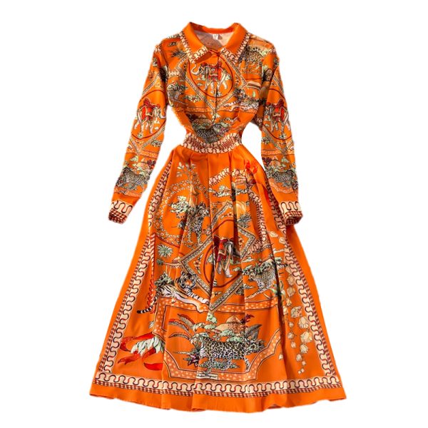 French Royal Style Printed Waist-Controlled Lapel Dress Spring and Autumn New Elegant Swing Long Dress Dress - Image 6