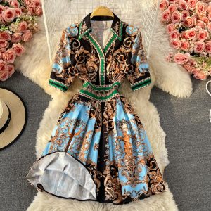 Retro Totem Printed Dress Long Sleeve Spring and Autumn New Ethnic Style Mid-Length Polo Collar Shirt Dress
