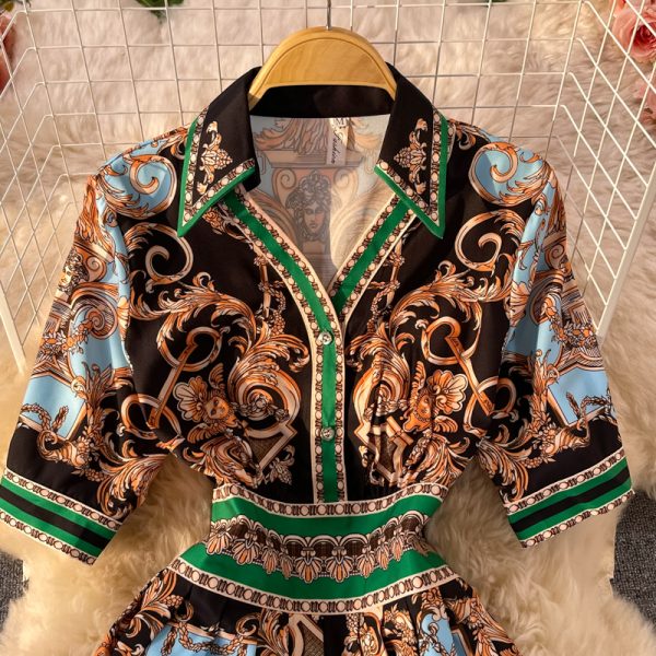 Retro Totem Printed Dress Long Sleeve Spring and Autumn New Ethnic Style Mid-Length Polo Collar Shirt Dress - Image 3