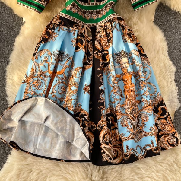 Retro Totem Printed Dress Long Sleeve Spring and Autumn New Ethnic Style Mid-Length Polo Collar Shirt Dress - Image 4