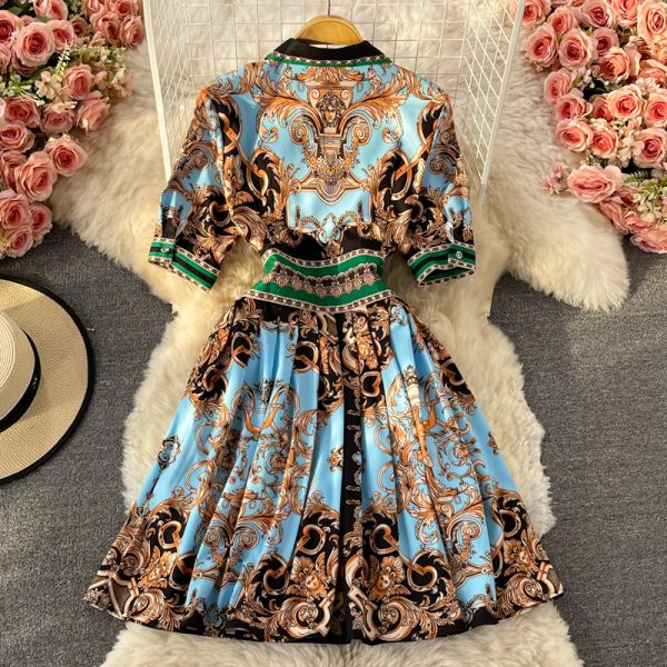 Retro Totem Printed Dress Long Sleeve Spring and Autumn New Ethnic Style Mid-Length Polo Collar Shirt Dress - Image 5