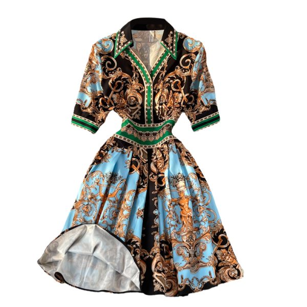 Retro Totem Printed Dress Long Sleeve Spring and Autumn New Ethnic Style Mid-Length Polo Collar Shirt Dress - Image 6