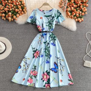 Elegant round neck floral dress short-sleeved summer new style is thin temperament waist-knee long skirt