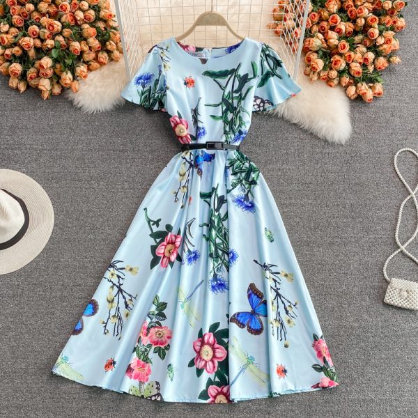 Elegant round neck floral dress short-sleeved summer new style is thin temperament waist-knee long skirt