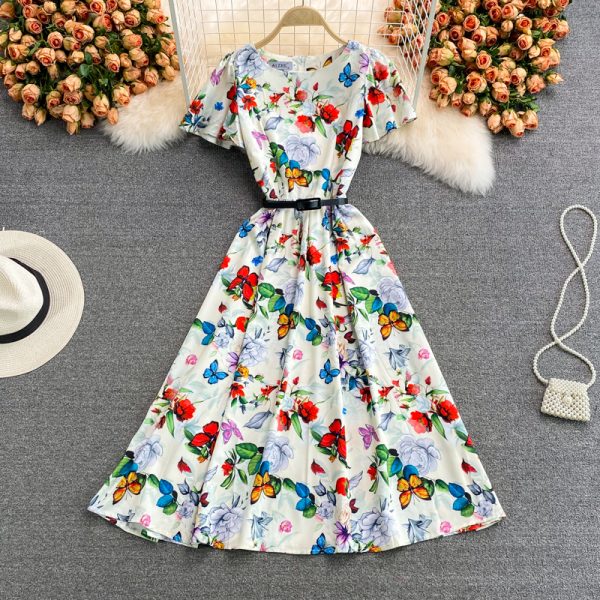 Elegant round neck floral dress short-sleeved summer new style is thin temperament waist-knee long skirt - Image 3