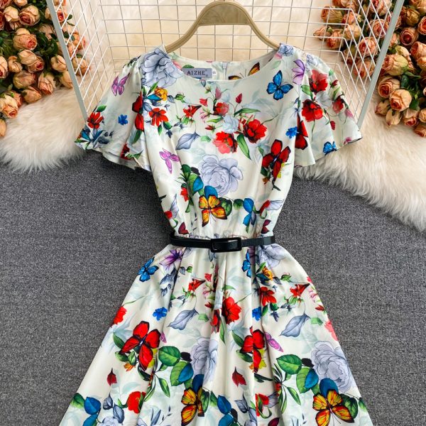Elegant round neck floral dress short-sleeved summer new style is thin temperament waist-knee long skirt - Image 4