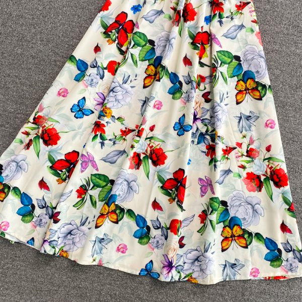 Elegant round neck floral dress short-sleeved summer new style is thin temperament waist-knee long skirt - Image 5