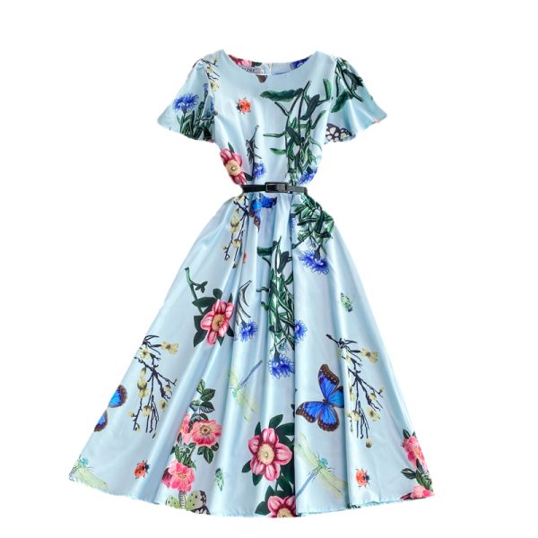 Elegant round neck floral dress short-sleeved summer new style is thin temperament waist-knee long skirt - Image 6