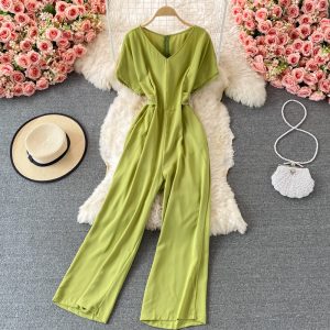 Summer New Korean Elegance Pure Color Slimming V-neck Jumpsuit High Waist Wide Leg Jumpsuit Short Sleeve
