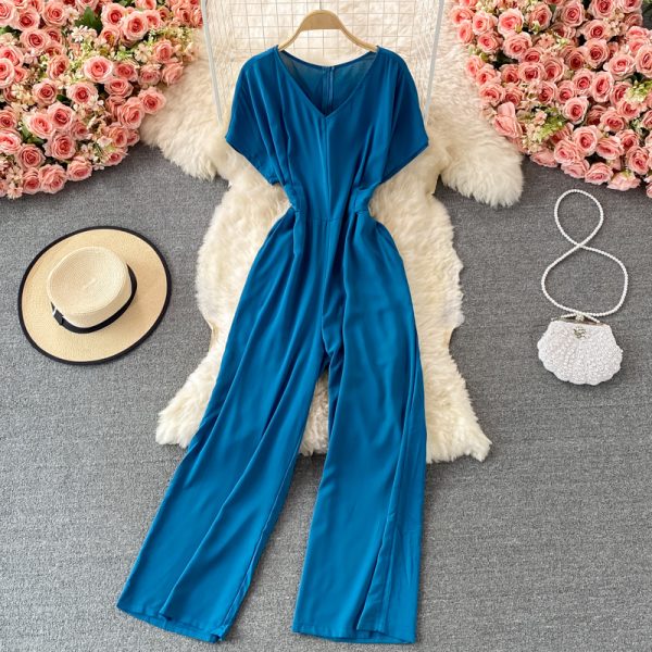 Summer New Korean Elegance Pure Color Slimming V-neck Jumpsuit High Waist Wide Leg Jumpsuit Short Sleeve - Image 3