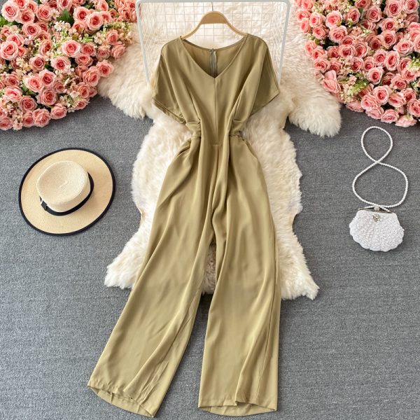 Summer New Korean Elegance Pure Color Slimming V-neck Jumpsuit High Waist Wide Leg Jumpsuit Short Sleeve - Image 4