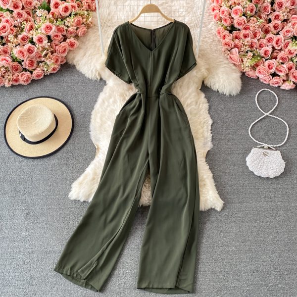 Summer New Korean Elegance Pure Color Slimming V-neck Jumpsuit High Waist Wide Leg Jumpsuit Short Sleeve - Image 5