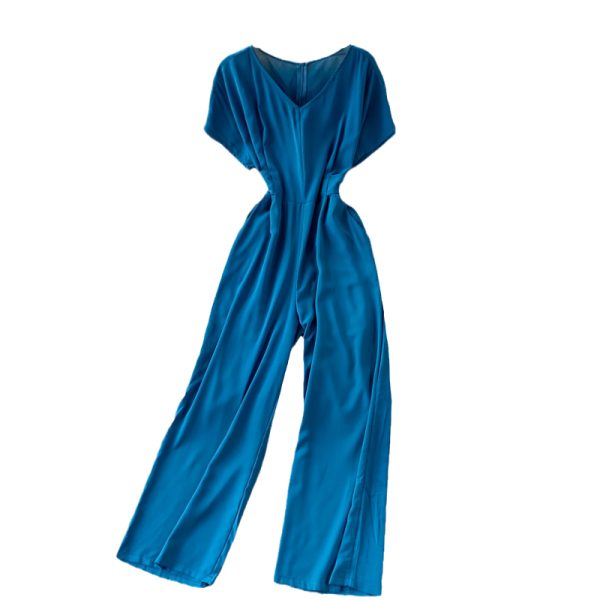 Summer New Korean Elegance Pure Color Slimming V-neck Jumpsuit High Waist Wide Leg Jumpsuit Short Sleeve - Image 6