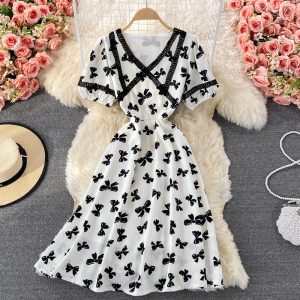 French First Love Sweet Dress Female Summer Bow Printed V-neck Waist Temperament Midi Skirt Short Sleeve
