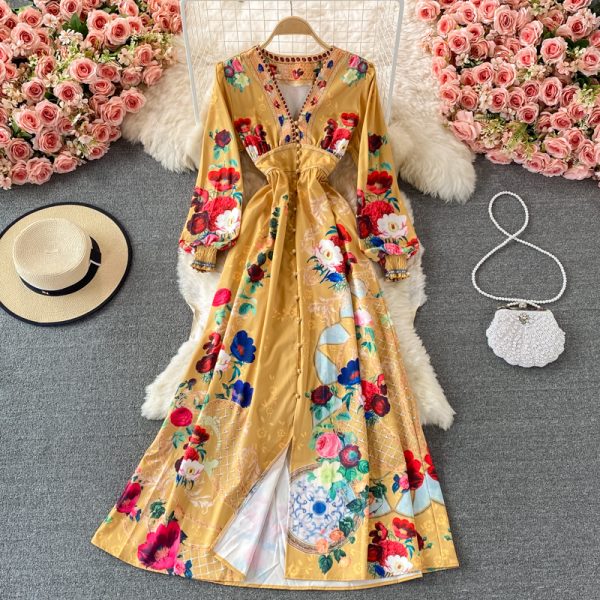 Spring and Autumn Retro European American Style V-neck Long Sleeve Waist Slimming Dress Elegant Graceful Swing Long Dress - Image 3