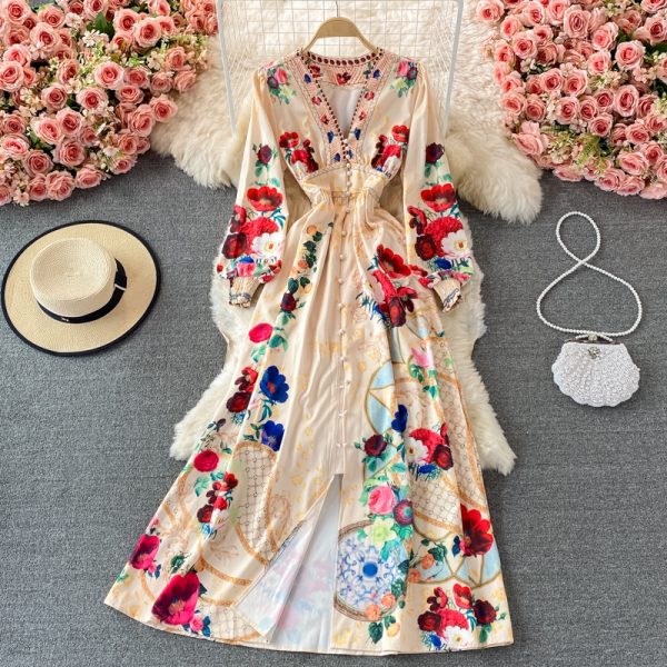 Spring and Autumn Retro European American Style V-neck Long Sleeve Waist Slimming Dress Elegant Graceful Swing Long Dress - Image 5