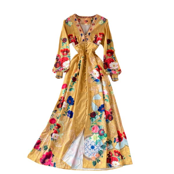 Spring and Autumn Retro European American Style V-neck Long Sleeve Waist Slimming Dress Elegant Graceful Swing Long Dress - Image 6