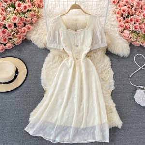Summer New French Style Gentle Square Collar Dress Short Sleeve Slimming Slim Fit below the Knee White First Love Dress