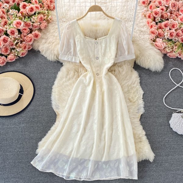 Summer New French Style Gentle Square Collar Dress Short Sleeve Slimming Slim Fit below the Knee White First Love Dress - Image 2