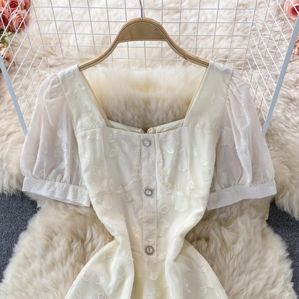Summer New French Style Gentle Square Collar Dress Short Sleeve Slimming Slim Fit below the Knee White First Love Dress - Image 3