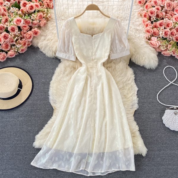 Summer New French Style Gentle Square Collar Dress Short Sleeve Slimming Slim Fit below the Knee White First Love Dress - Image 5