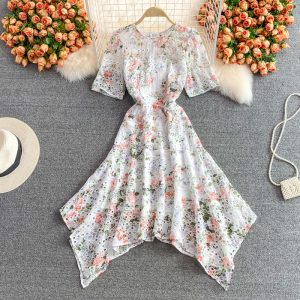European station hollow embroidery chiffon dress female summer new round neck thin irregular printing long skirt